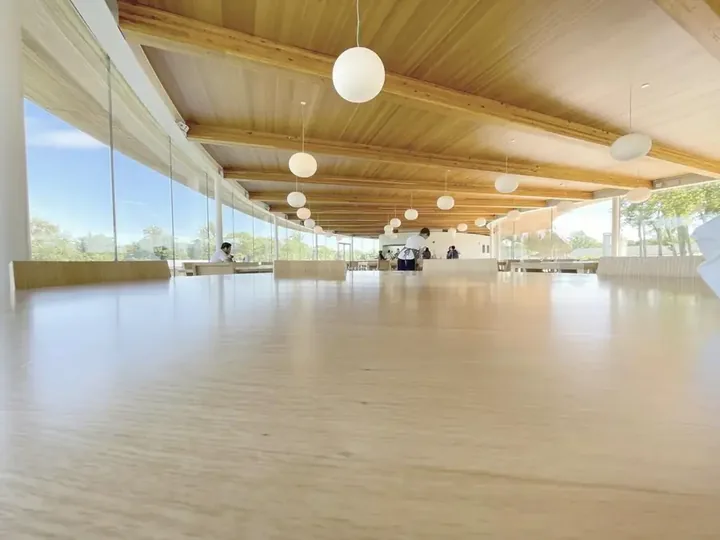 Jasna hala sportowa z parkietem i dużymi oknami